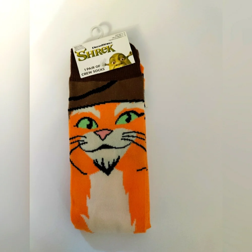 Puss in Boots Cat Shrek DreamWorks Character Socks - Orange and Brown 6-12 .